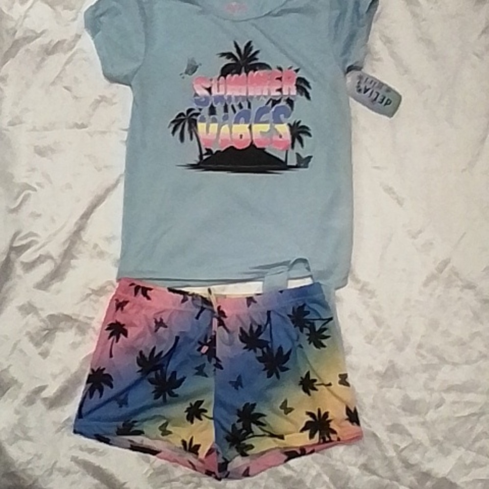 Blue 'Summer Vibes' T-Shirt and Rainbow Palm Shorts Set - Picture 3 of 8